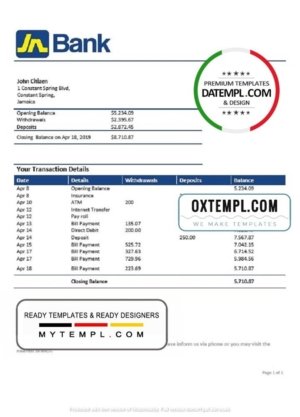 Trinidad and Tobago Royal Citizens Bank statement template in Word and PDF format