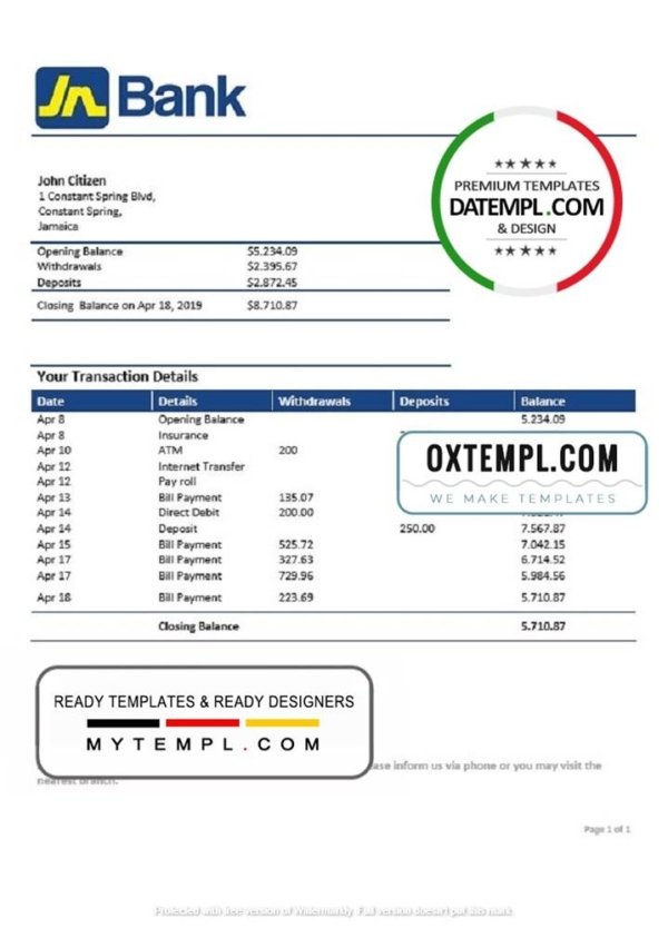 Jamaica National Bank proof of address statement template in Word and PDF format