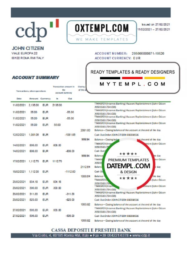 Italy Cassa Depositi e Prestiti bank statement easy to fill template in .xls and .pdf file format