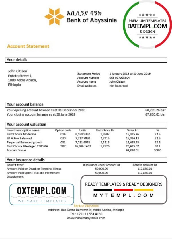 Ethiopia Bank of Abyssinia proof of address bank statement template in Word and PDF format