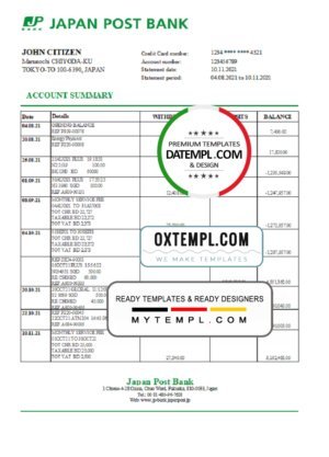 Japan Post bank statement easy to fill template in Excel and PDF format