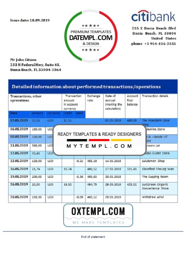 Hong Kong Citibank proof of address bank statement template in Word and PDF format