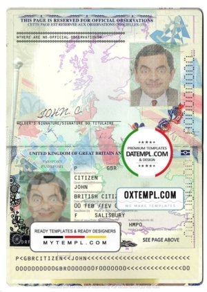 United Kingdom of Great Britain and Northern Ireland passport template in PSD format, 2015-2020
