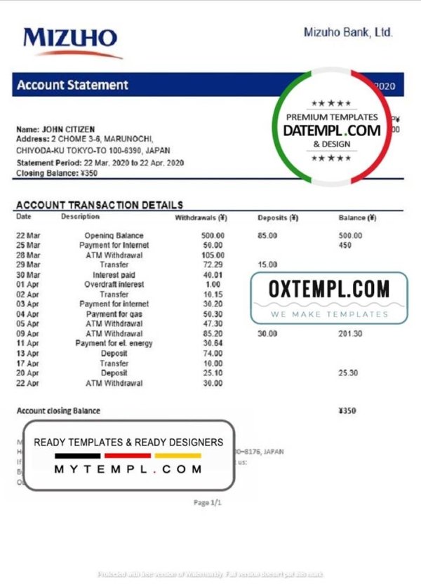 Japan Mizuho Bank statement template in Word and PDF format, good for address prove