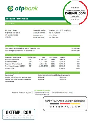 Croatia OTP Bank statement easy to fill template in Excel and PDF format