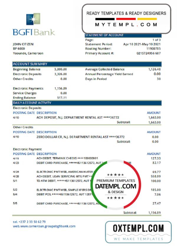 Cameroon BGFI bank statement easy to fill template in Excel and PDF format