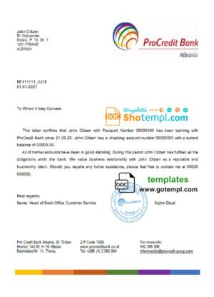 Albania ProCredit bank reference letter template in Word and PDF format