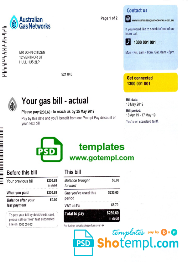 Australia gas utility bill template fully editable in PSD format