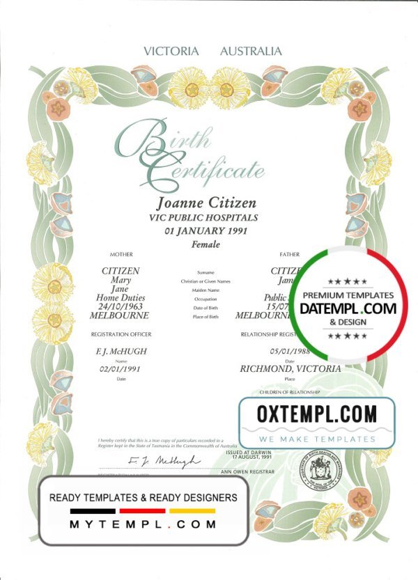 Australia Victoria state decorative (commemorative) birth certificate template in PSD format, fully editable