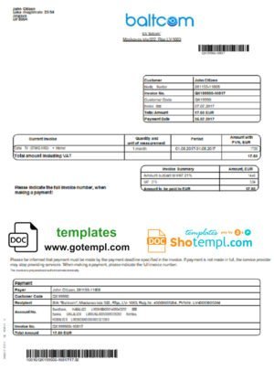 Latvia Baltcom telecommunications utility bill template in Word and PDF format (English version)