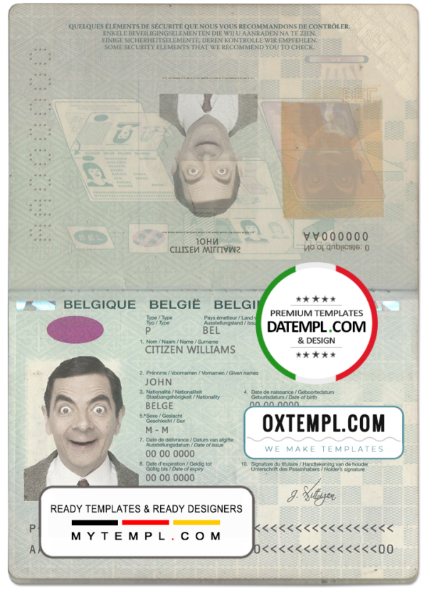 Belgium passport template in PSD format, 2014-2017