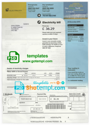 United Kingdom electricity utility bill template in PSD format