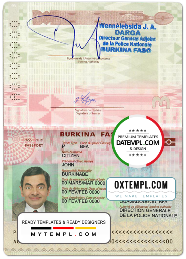 Burkina Faso passport template in PSD format, fully editable (2018 – present)