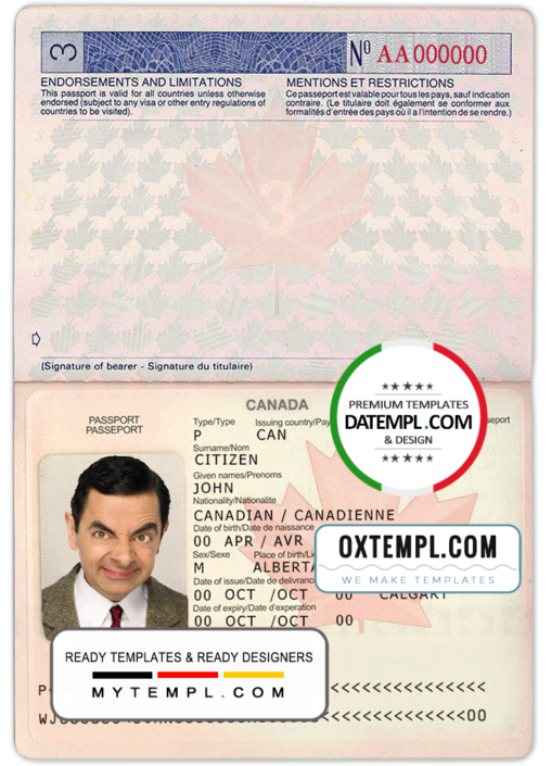Canada passport template in PSD format, fully editable, with all fonts