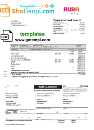Denmark AURA Energi utility bill template in Word and PDF format