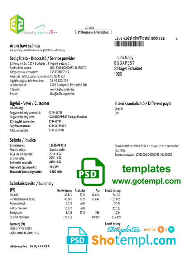 Hungary E2 utility bill template, fully editable in PSD format