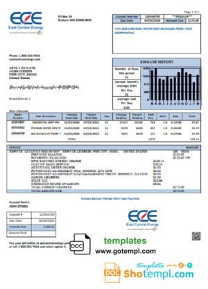 USA Nevada Waterloo North Hydro utility bill template in Word and PDF format (version 2)