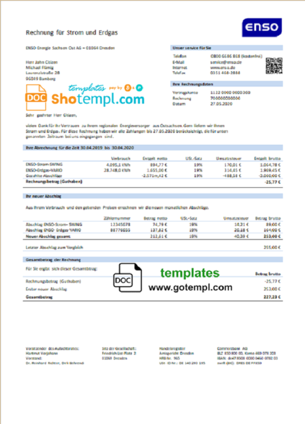 Germany ENSO rechnung für strom und erdgas utility bill template in Word and PDF format