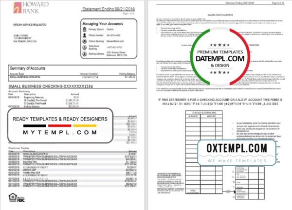 USA Maryland Howard Business bank statement template, Word and PDF format (.doc and .pdf) (4 pages)