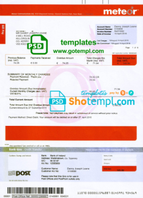 Ireland Meteor utility bill template fully editable in PSD format