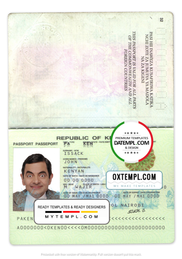 Kenya passport template in PSD format, 2011-2019