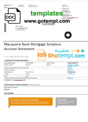 Australia Macquarie proof of address bank statement template in Word and PDF format (.doc and .pdf)