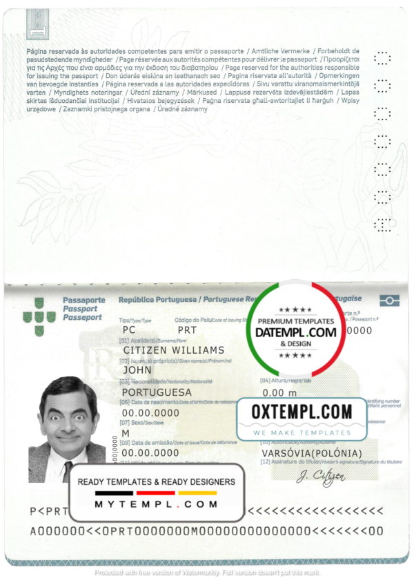 Portugal passport template in PSD format, 2006-2017