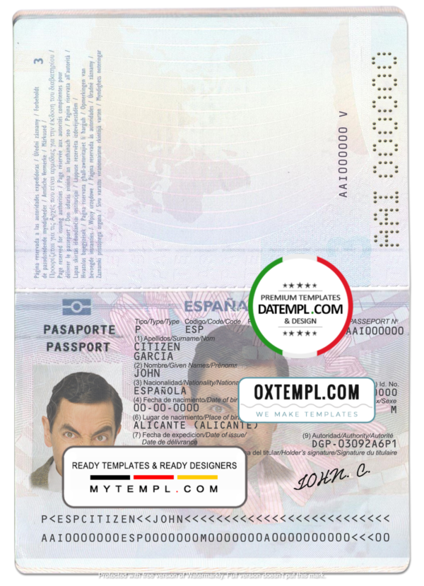 Spain passport template in PSD format, fully editable (till 2015)