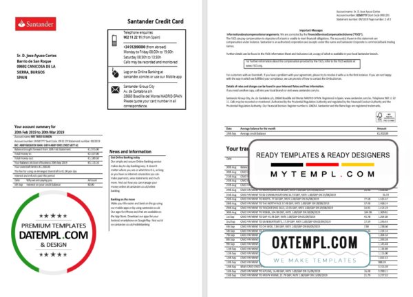 Spain Santander credit card statement template, Excel and PDF format (.xls and .pdf), 2 pages