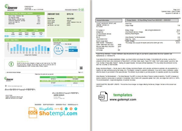 USA Ameren Missouri electricity utility bill template in Word and PDF format (2 pages)