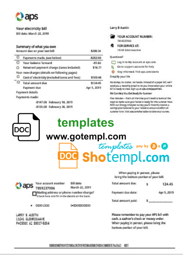 USA Arizona APS electricity proof of address utility bill template in Word and PDF format