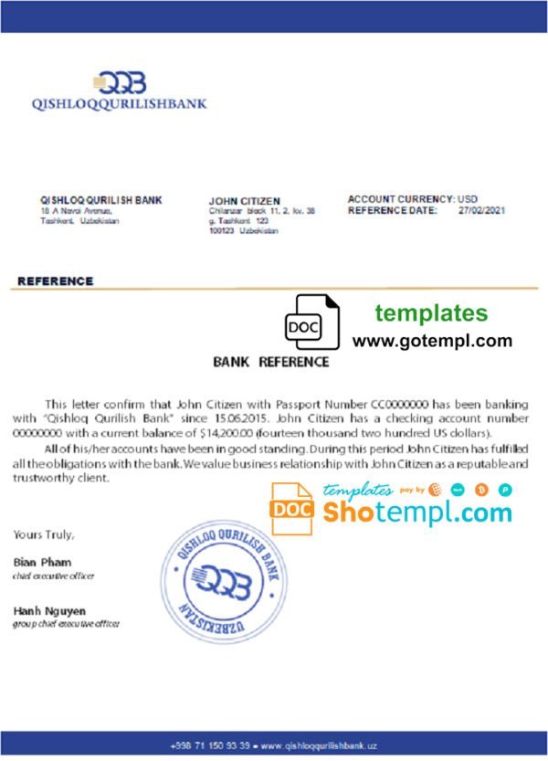 Uzbekistan Qishloq Qurilish Bank account reference letter template in Word and PDF format