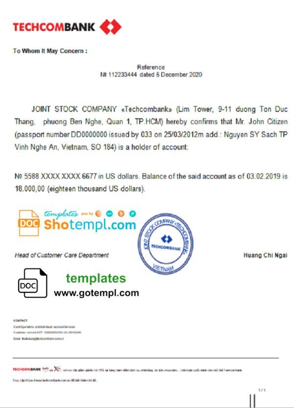 Vietnam Techcombank bank reference letter template in Word and PDF format