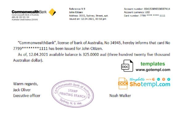 Australia Commonwealth bank account reference letter template in Word and PDF format