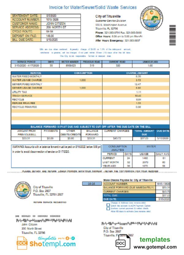 USA City of Titusville Florida utility bill template in Word and PDF format (.doc and .pdf)