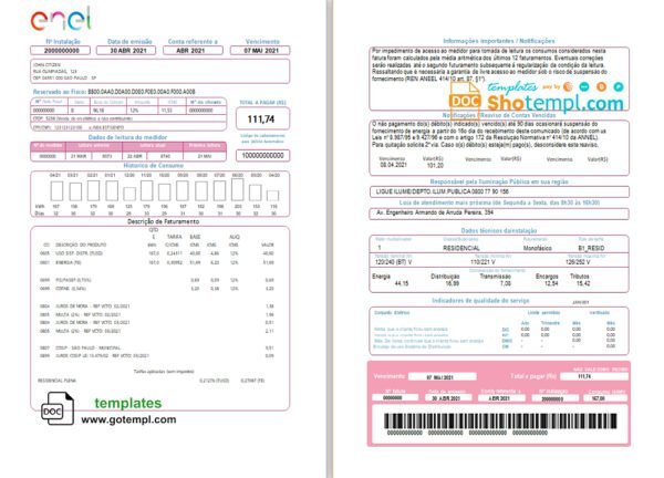 Brazil ENEL electricity utility bill template in Word and PDF format (2 pages)