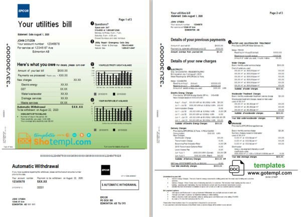 Canada Epcor electricity utility bill template in Word and PDF format, 3 pages