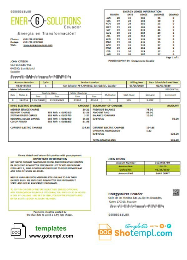 Ecuador Energysource Ecuador energy utility bill template in Word and PDF format