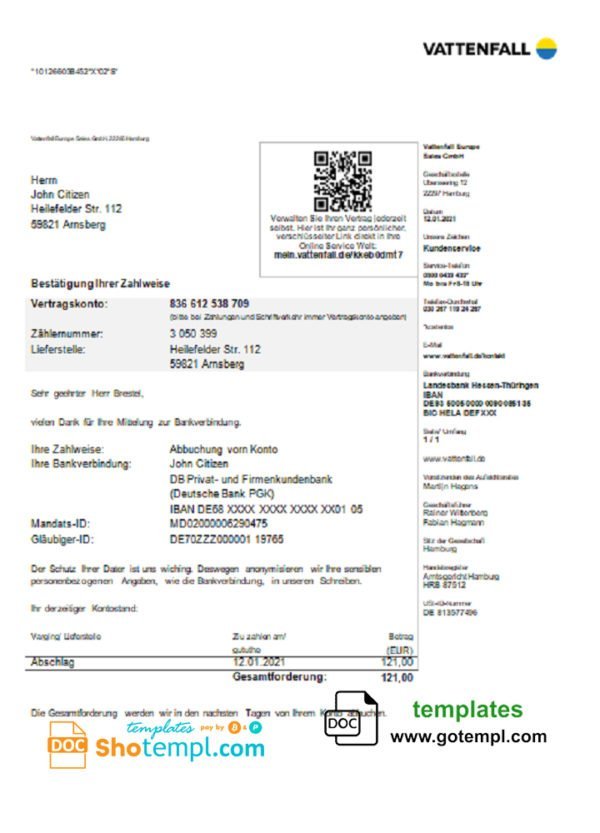 Germany VATTENFALL utility bill template in Word and PDF format (in German language)