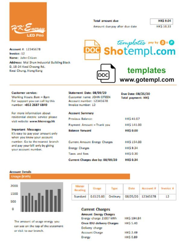 Hong Kong Energy Ltd utility bill template in Word and PDF format