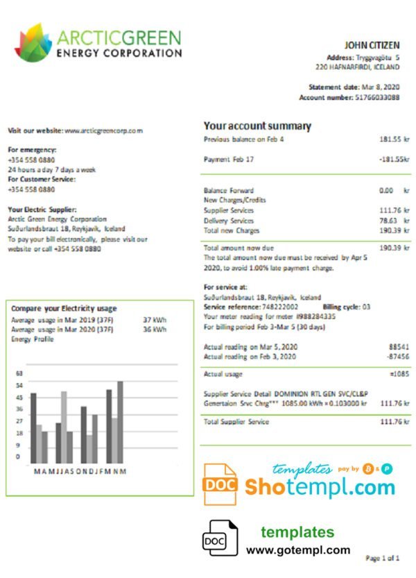 Iceland Arctic Green Energy Corporation electricity utility bill template in Word and PDF