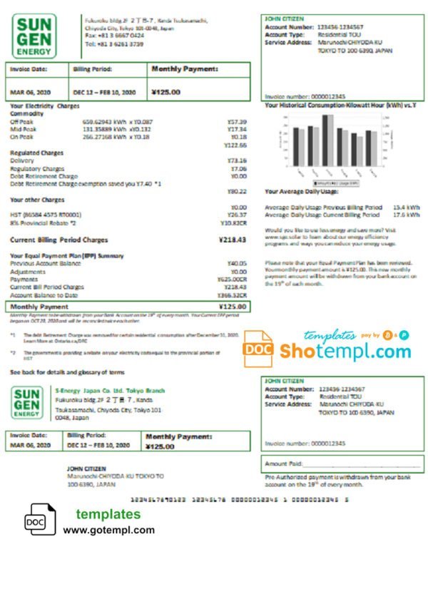 Japan S-Energy Japan Co. Ltd. Tokyo Branch utility bill template in Word and PDF format