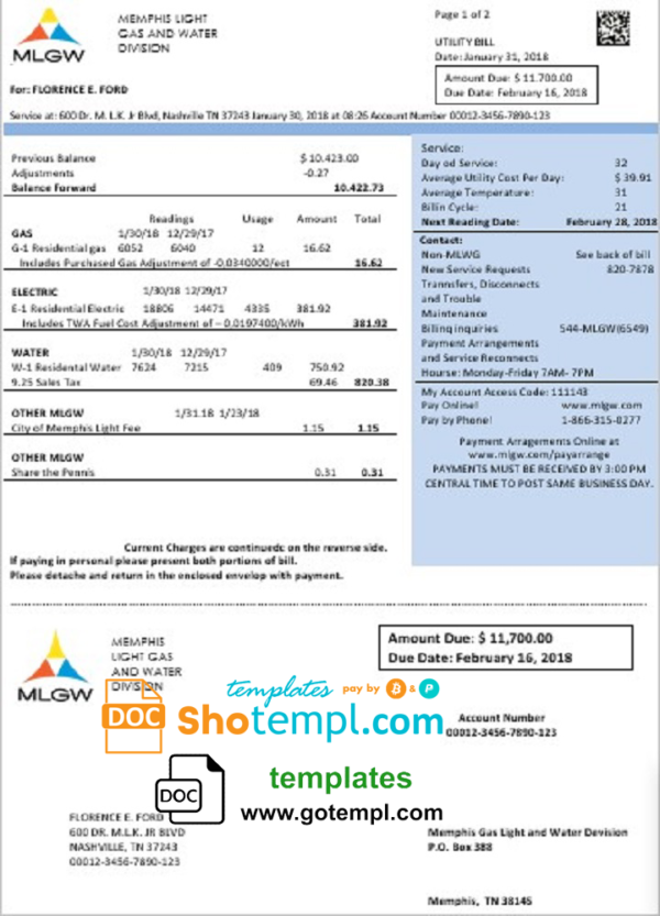 USA Tennessee MLGW utility bill template in Word and PDF format