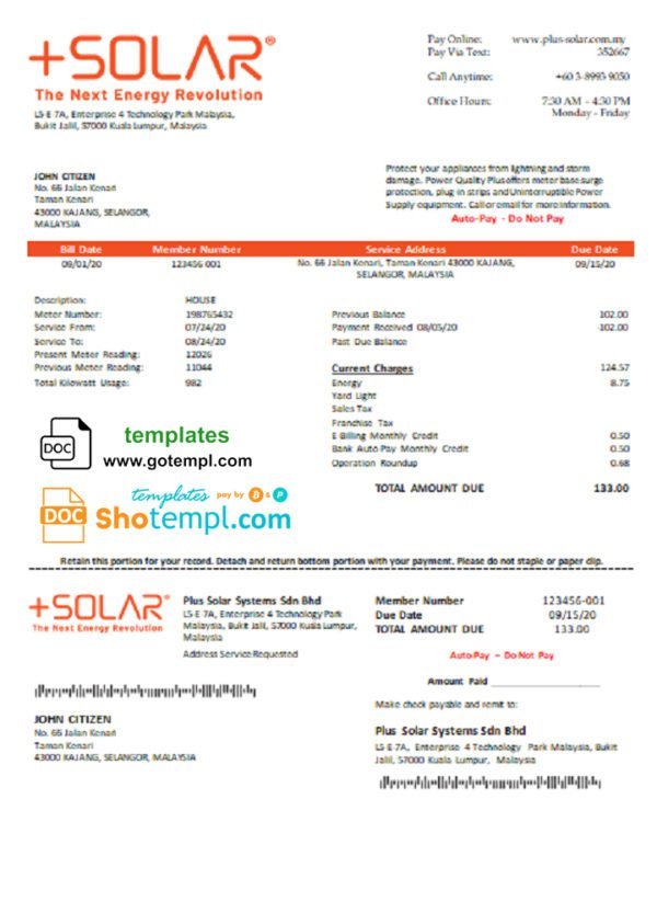 Malaysia Plus Solar Systems Sdn Bhd utility bill template in Word and PDF format