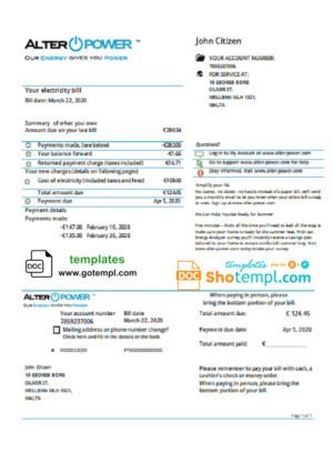 Malta AlterPower Malta proof of address utility bill template in Word and PDF format