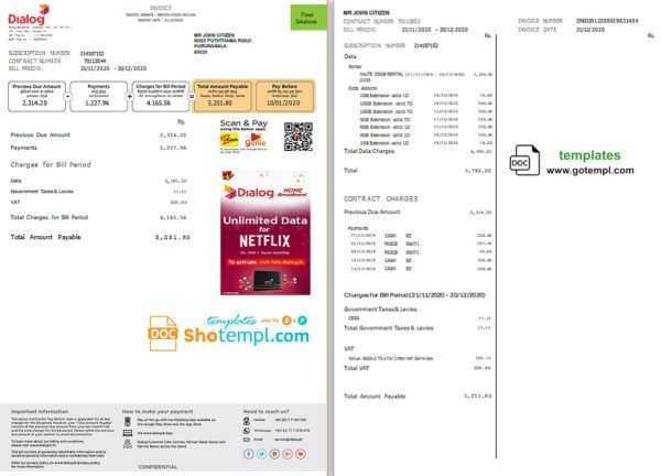 Sri Lanka Dialog utility bill template in Word and PDF format (2 pages)