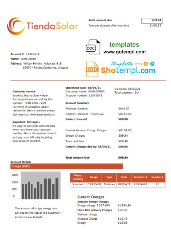 Uruguay TiendaSolar utility bill template in Word and PDF format