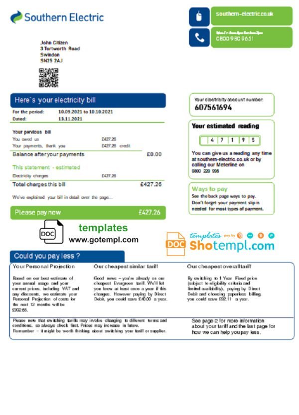 United Kingdom SSE Energy utility bill template in Word and PDF format, version 3