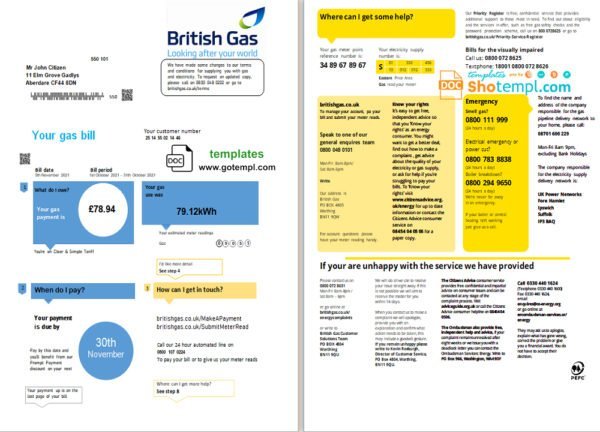 United Kingdom British Gas utility bill template in Word and PDF format fully editable (2 pages) version 1