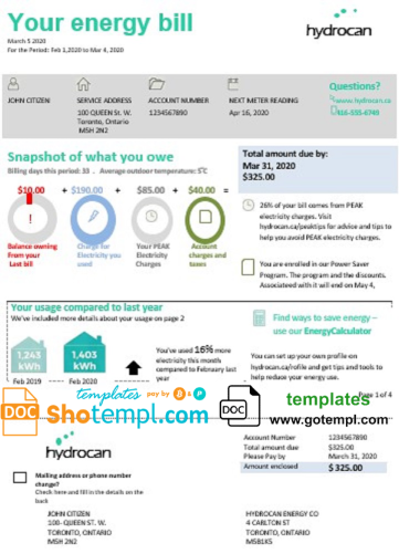 USA Ontario Hydrocan electricity utility bill template in Word and PDF format